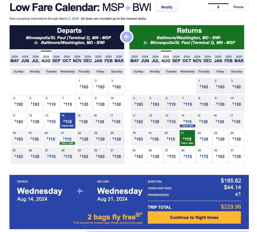 Low-fare calendar